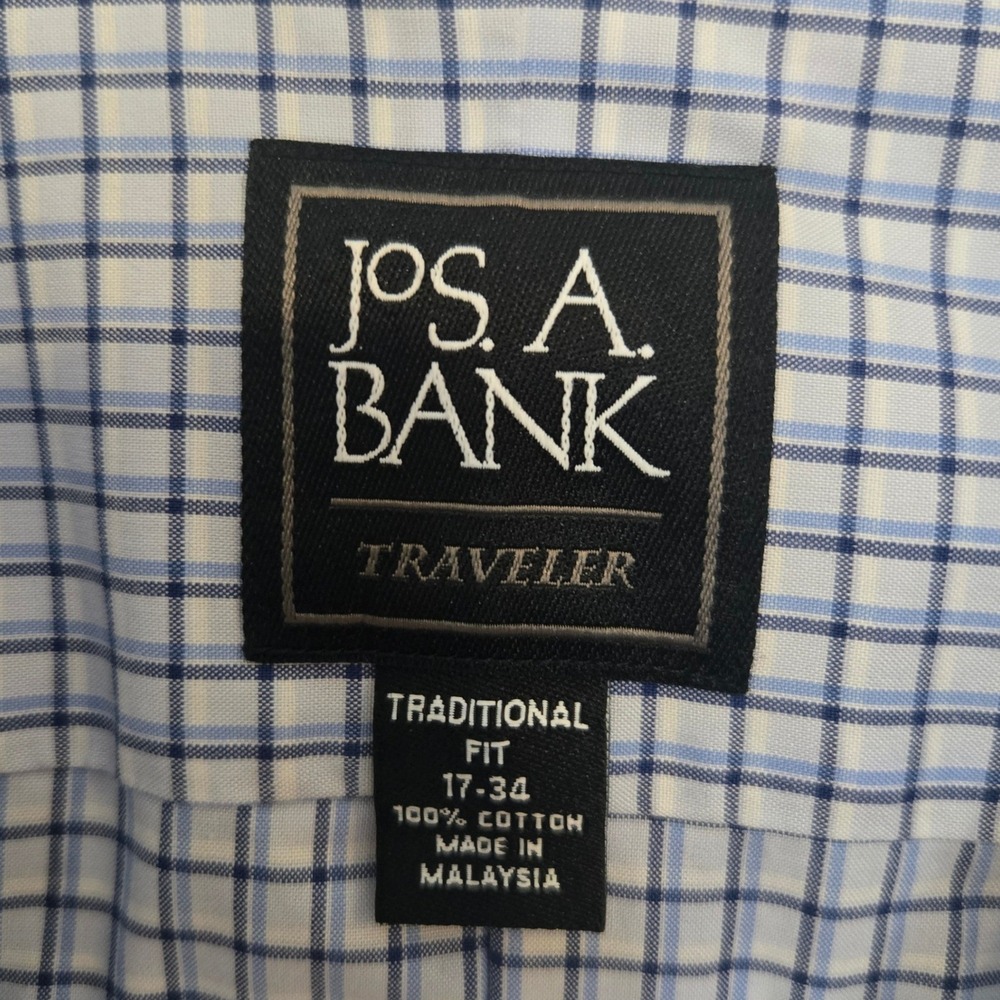 Jos A Bank Traveler Traditional Fit Blue Check Dress Shirt Men's 17 34 Cotton - Picture 3 of 8
